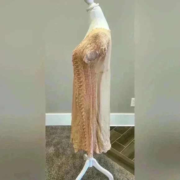 RYU Women's Boho Flowy Mini dress Tan crochet top with lace detailing fairycore - Picture 2 of 13